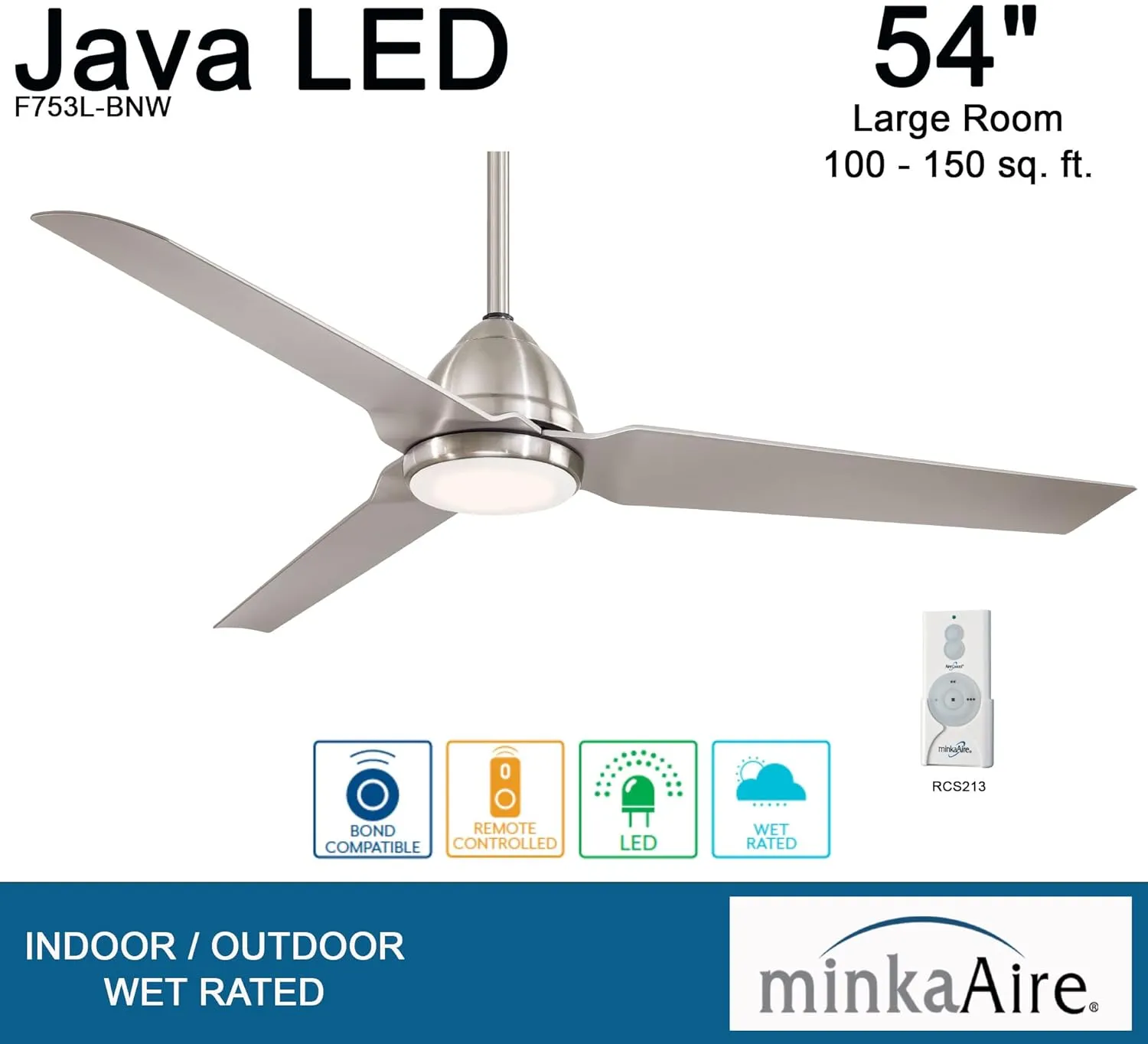 Minka Aire F753L-BNW 54in Java Led Outdoor Ceiling Fan