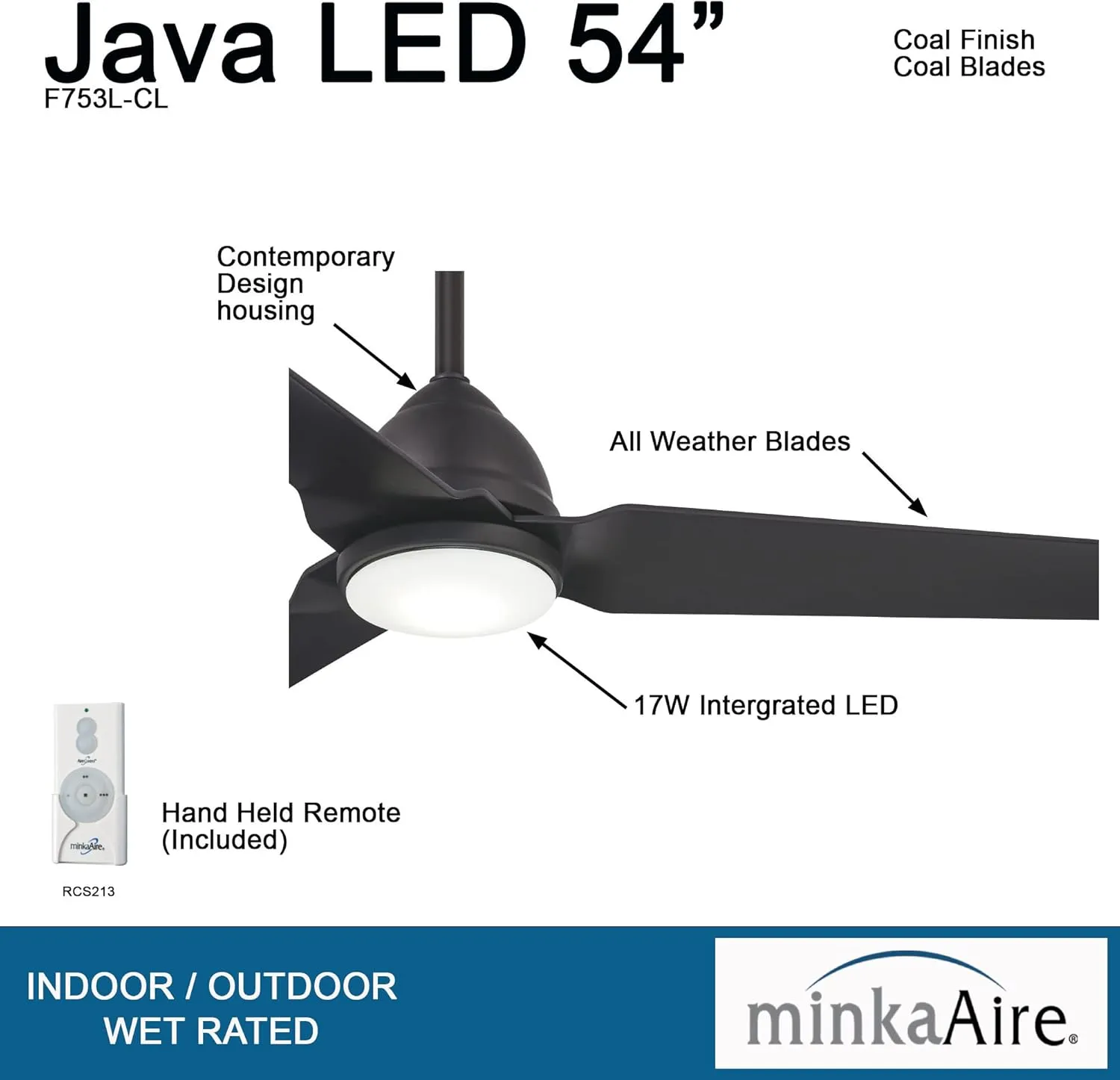 MINKA-AIRE F753L-CL Java 54 Inch Outdoor Ceiling Fan with Integrated LED Light in Coal Finish