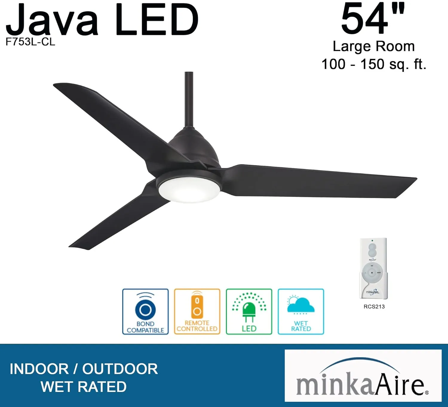 MINKA-AIRE F753L-CL Java 54 Inch Outdoor Ceiling Fan with Integrated LED Light in Coal Finish