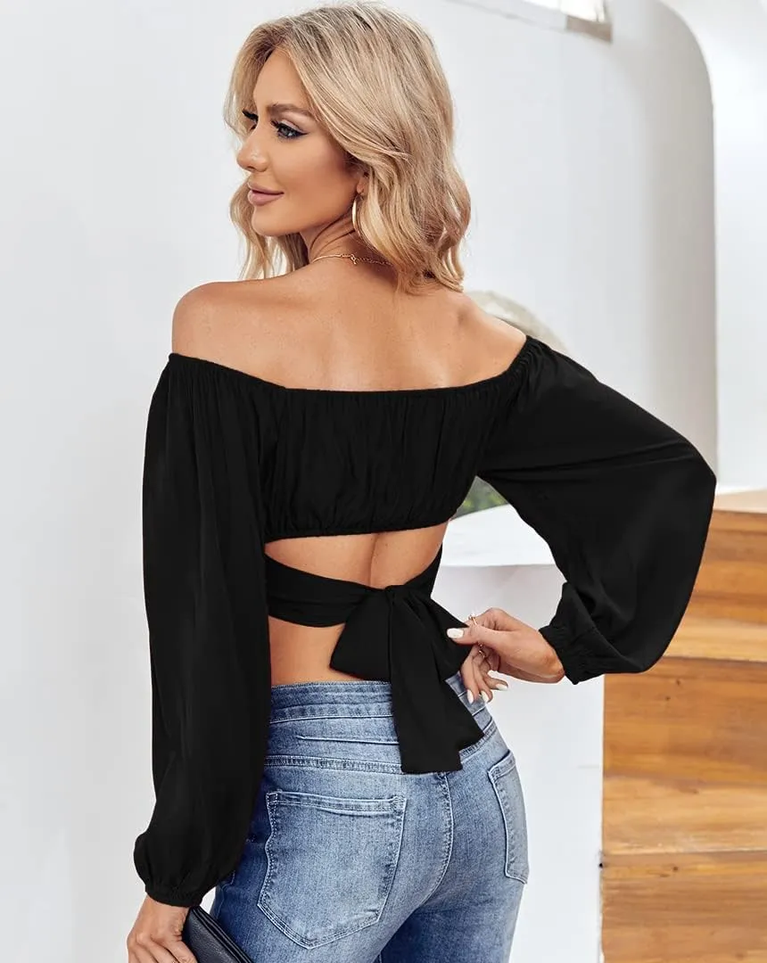 MIRACMODA Woman Off Shoulder Ruched Tie Back Crop Top Summer Lantern Sleeve Boho Shirt Blouse
