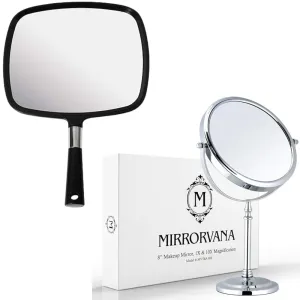 MIRRORVANA Large Hand Mirror with Comfy Handle - No Distortion Black Portable Handheld Mirror & Large Double Sided 10X and 1X Magnifying Makeup Mirror with Stand in Gift Box Bundle