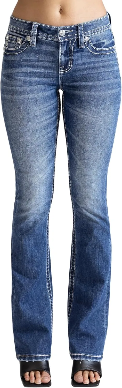 Miss Me Women's Saddle Stitch Faux Flap Pockets Mid-Rise Bootcut Jeans