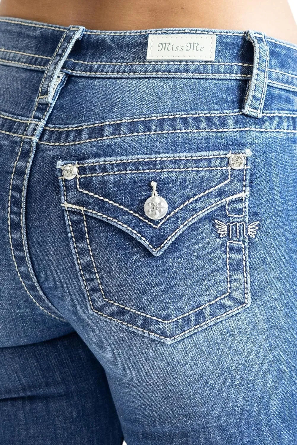 Miss Me Women's Saddle Stitch Faux Flap Pockets Mid-Rise Bootcut Jeans