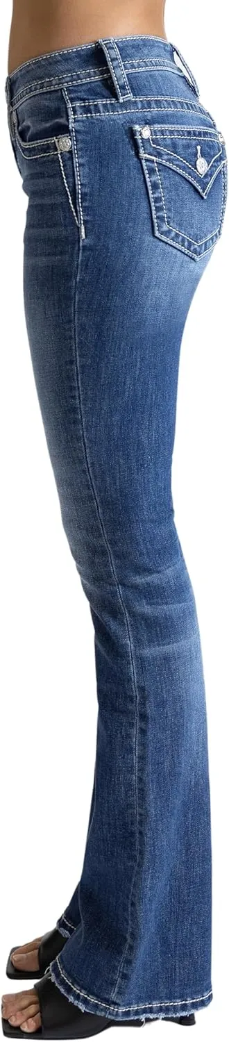 Miss Me Women's Saddle Stitch Faux Flap Pockets Mid-Rise Bootcut Jeans