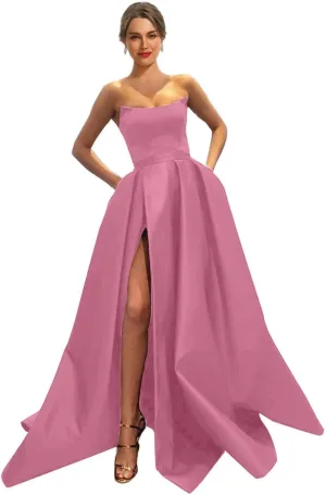 MllesReve Womens Long Strapless Satin Prom Dress Sleeveless Slit Evening Ball Gown with Pockets