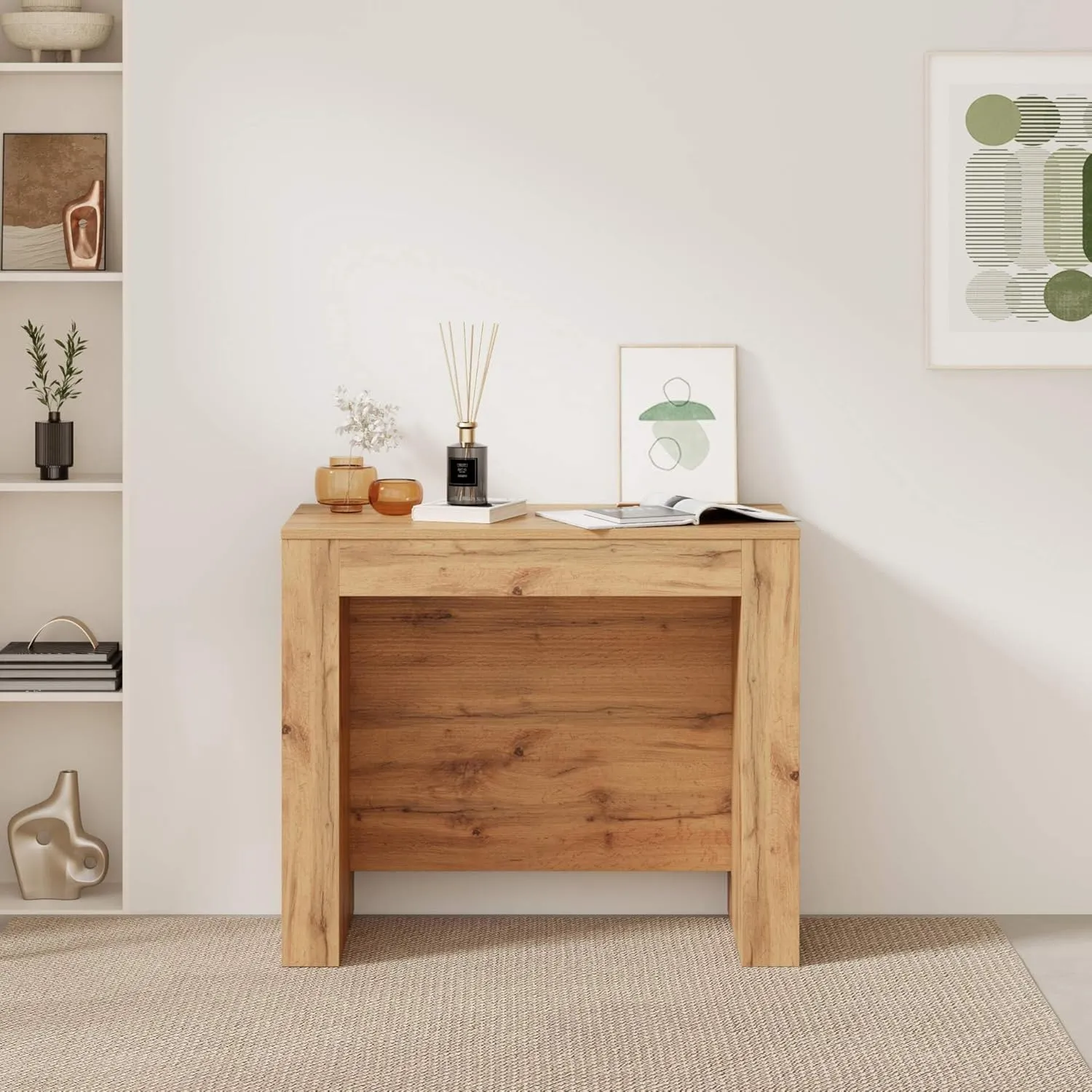 Mobili Fiver, Easy, Extendable Console Table with Extension Leaves Holder, 17.7(120.1) x35.4 in, Rustic Oak, Made in Italy