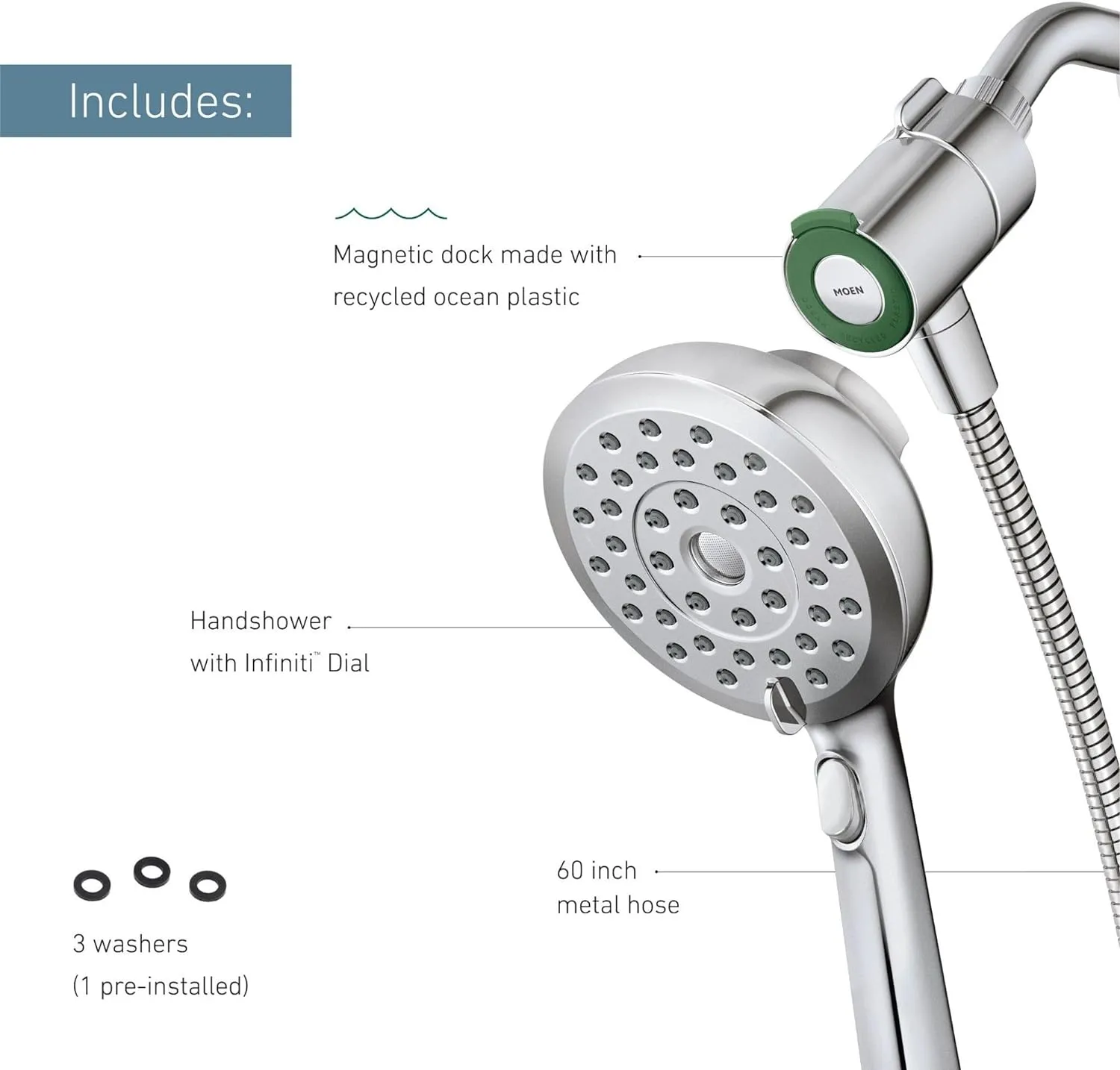 Moen Verso Eco-Performance Handshower, Detachable Round Shower Head with Magnetix Docking System, 60" Hose, Chrome, 220H2EP