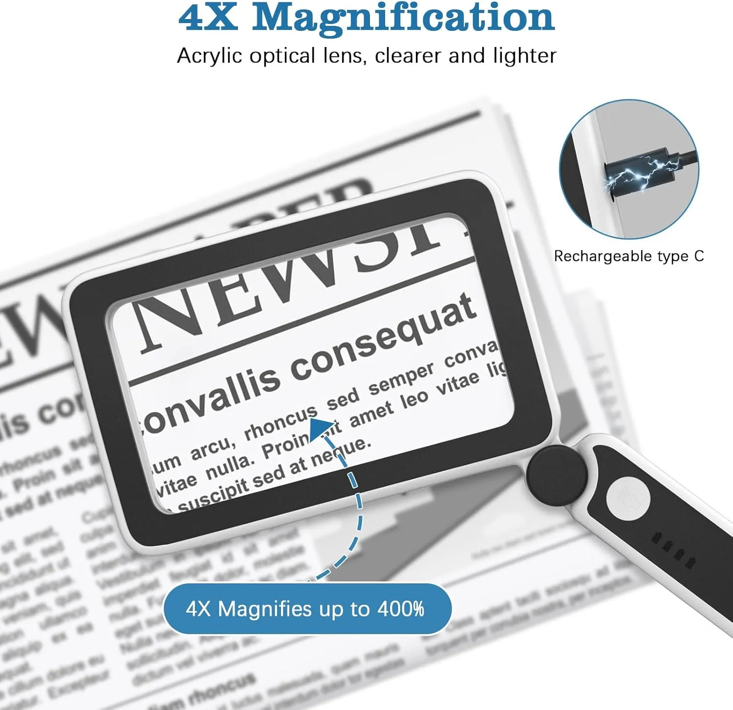 MoKo Magnifying Glass for Reading, Rechargeable 4X Full Page Book Magnifier, Magnifying Glass with Light 3 Modes, Folding Handheld Reading Magnifiers for Seniors Elderly Low Visions,Black