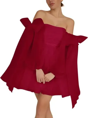 Monlity Off The Shoulder Organza Homecoming Dresses Bow Tie Long Sleeve Prom Dresses Short A-Line Formal Cocktail Party Gown