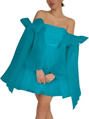 Monlity Off The Shoulder Organza Homecoming Dresses Bow Tie Long Sleeve Prom Dresses Short A-Line Formal Cocktail Party Gown