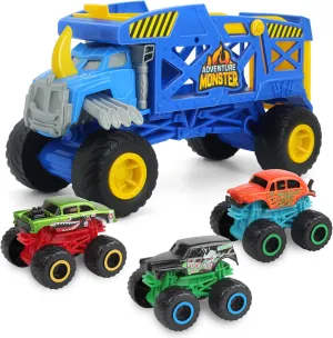 Monster Trucks Hauler Rhino with 3 Mini Trucks & Super Ramp Launch, Gift for Kids Ages 3  Years