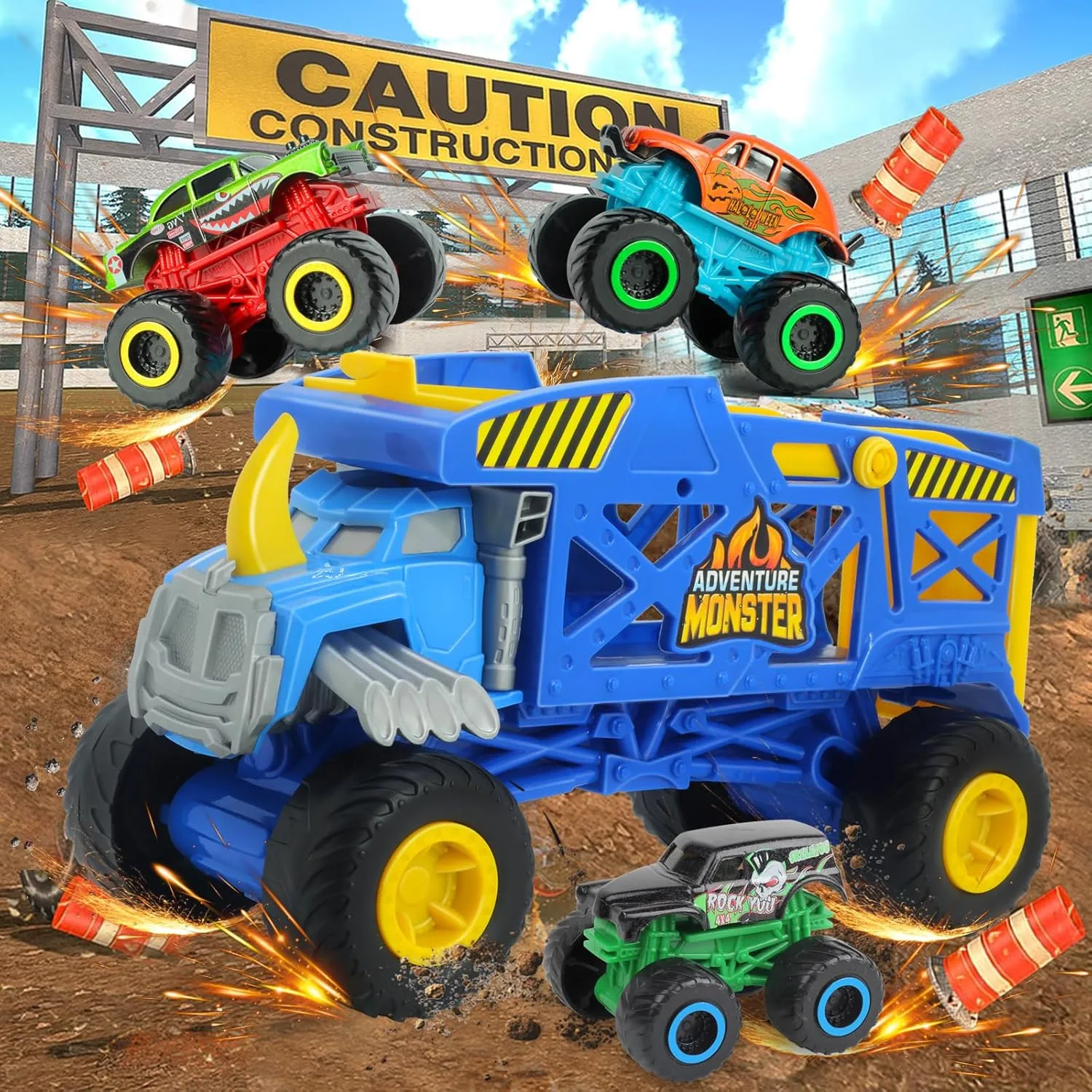 Monster Trucks Hauler Rhino with 3 Mini Trucks & Super Ramp Launch, Gift for Kids Ages 3  Years