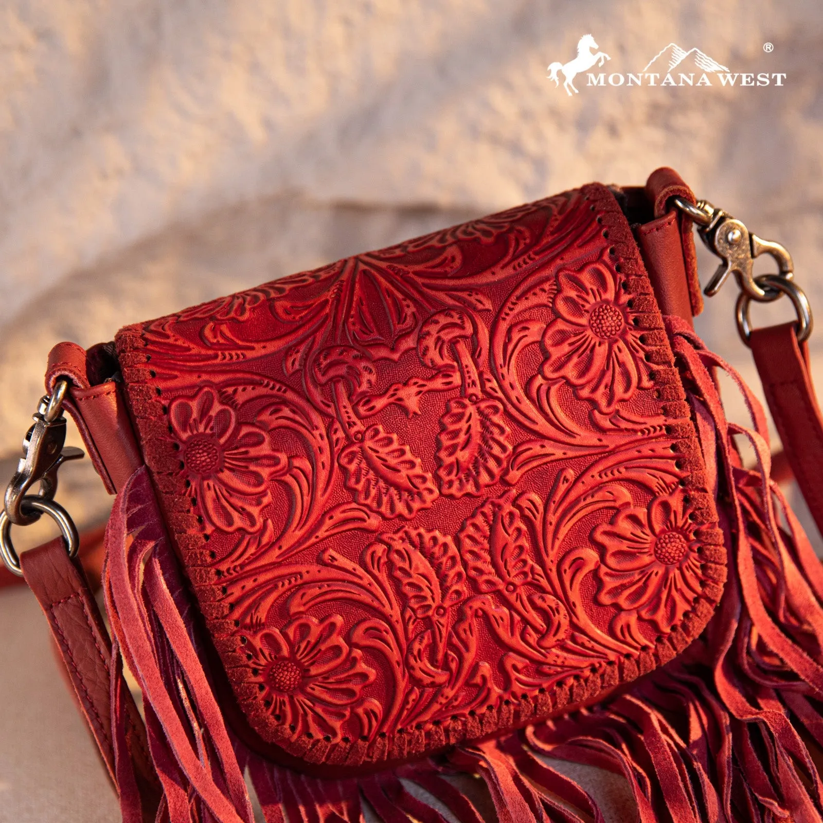 Montana West Genuine Leather Tooled Fringe Crossbody