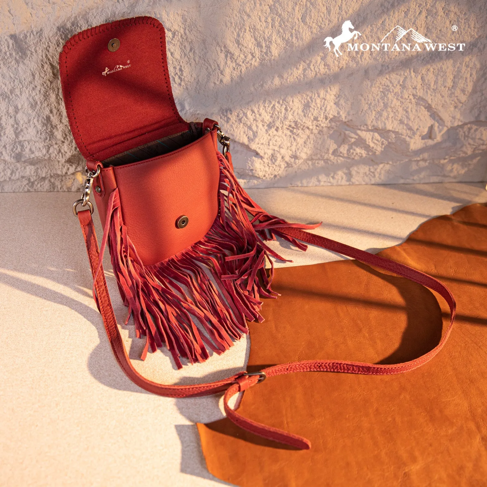 Montana West Genuine Leather Tooled Fringe Crossbody