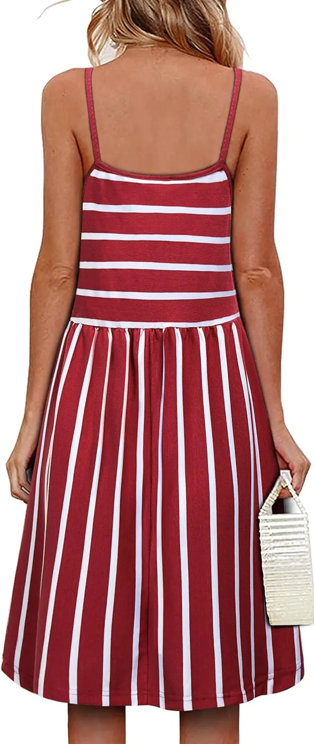 MOQIVGI Womens Spaghetti Strap Button Detail Pleated Summer Casual Stripe Dresses