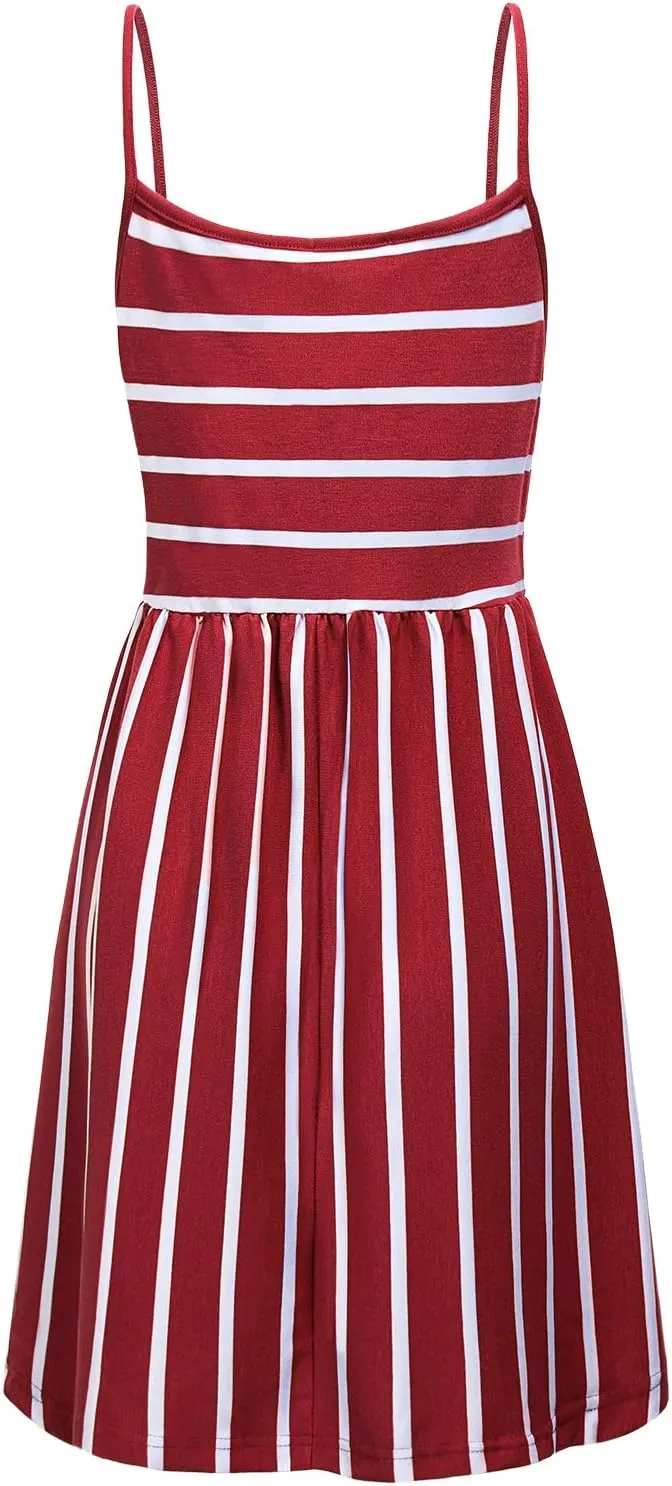 MOQIVGI Womens Spaghetti Strap Button Detail Pleated Summer Casual Stripe Dresses