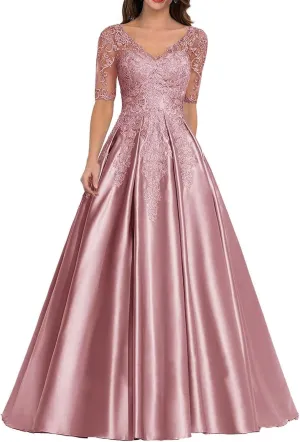 Mother of The Bride Dress Long Satin Prom Dresses Lace Applique Formal Evening Gown with Sleeve for Women
