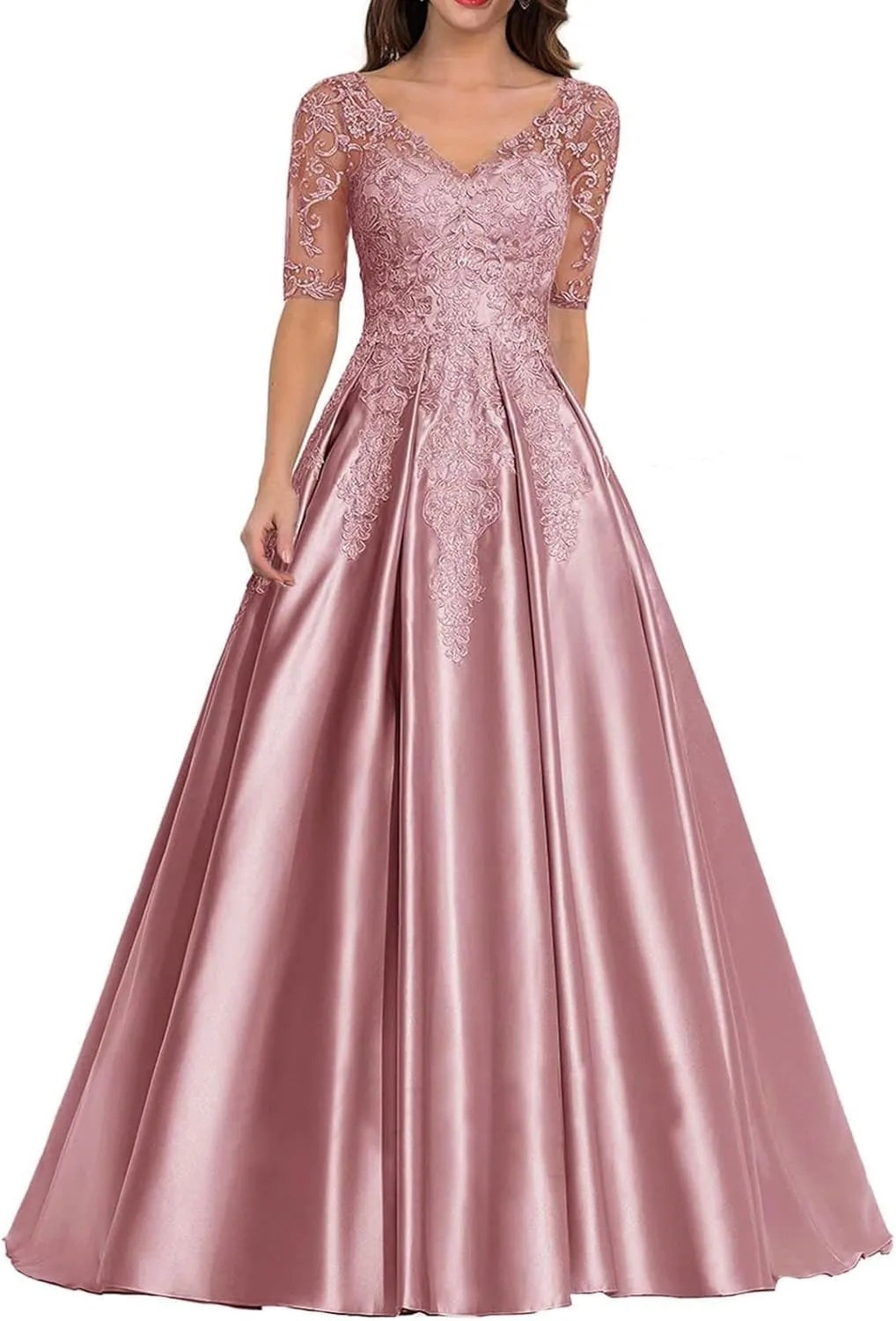 Mother of The Bride Dress Long Satin Prom Dresses Lace Applique Formal Evening Gown with Sleeve for Women