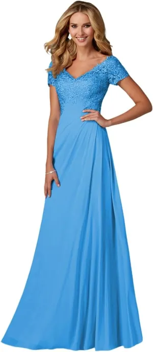 Mother of The Bride Dresses Long Laces Appliques V-Neck Cap Sleeve Pleat Formal Evening Gowns