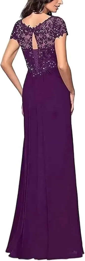Mother of The Bride Dresses Long Laces Appliques V-Neck Cap Sleeve Pleat Formal Evening Gowns
