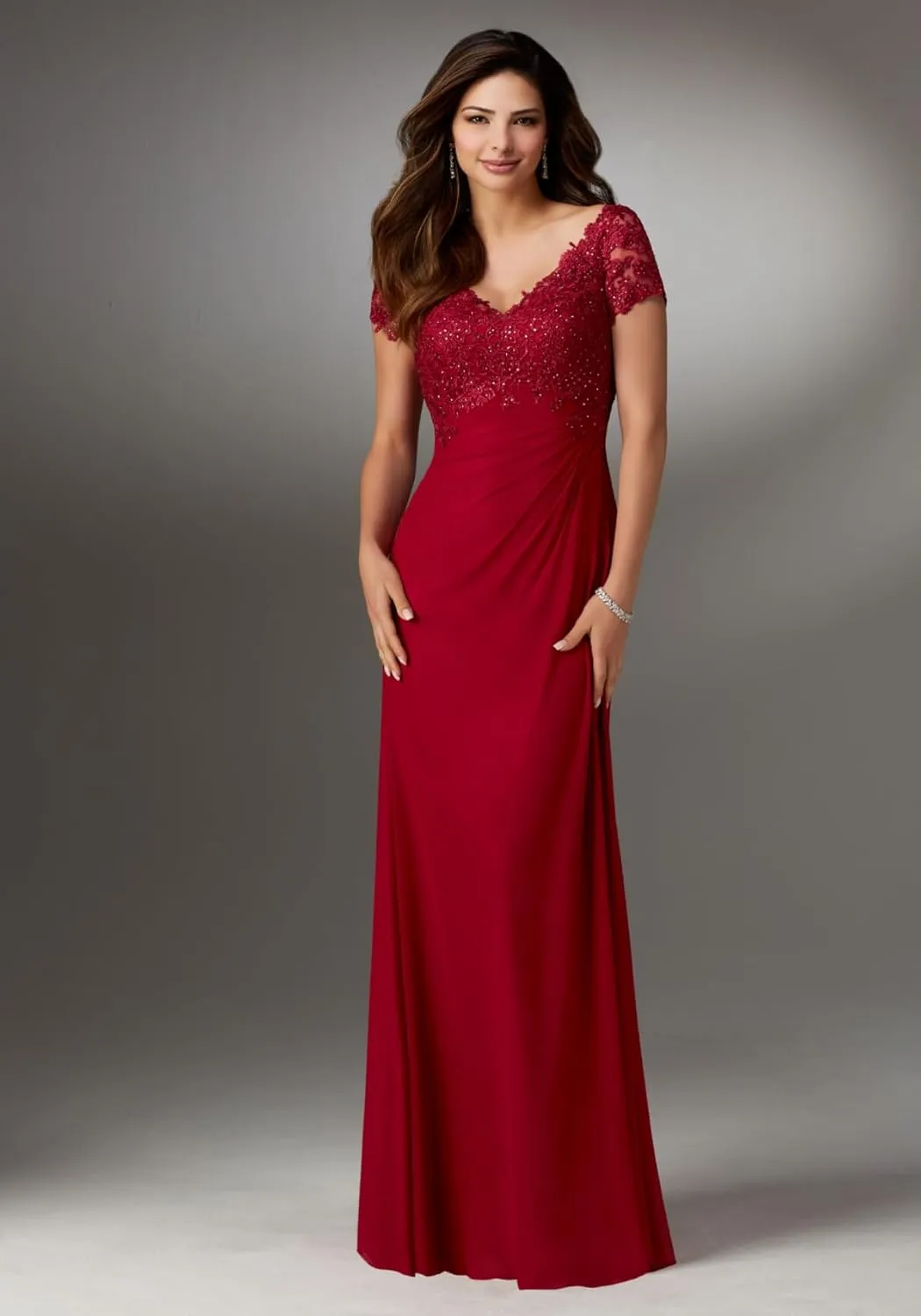 Mother of The Bride Dresses Long Laces Appliques V-Neck Cap Sleeve Pleat Formal Evening Gowns