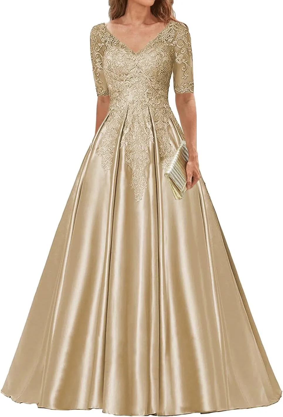 Mother of The Bride Dresses V Neck Evening Formal Dresses for Wedding Guest Groom Gowns Lace Applique with Sleeves Women