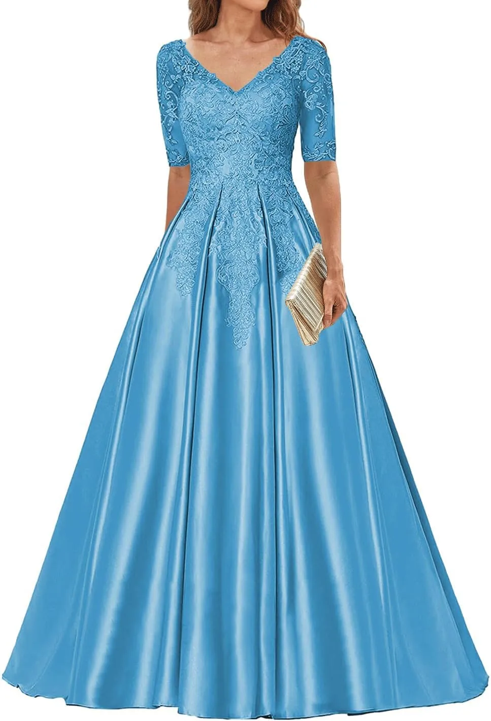 Mother of The Bride Dresses V Neck Evening Formal Dresses for Wedding Guest Groom Gowns Lace Applique with Sleeves Women