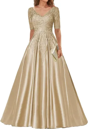 Mother of The Bride Dresses V Neck Evening Formal Dresses for Wedding Guest Groom Gowns Lace Applique with Sleeves Women