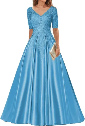 Mother of The Bride Dresses V Neck Evening Formal Dresses for Wedding Guest Groom Gowns Lace Applique with Sleeves Women