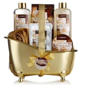Mothers Day Gifts for Women Home Spa Gift Basket, 13pc Bath & Body Set Men & Women, White Rose & Jasmine Scent - Shower Gel, Bubble Bath, Body Scrub, Salts, 6 Bath Bombs, Pouf, Cosmetic Bag & Gold Tub