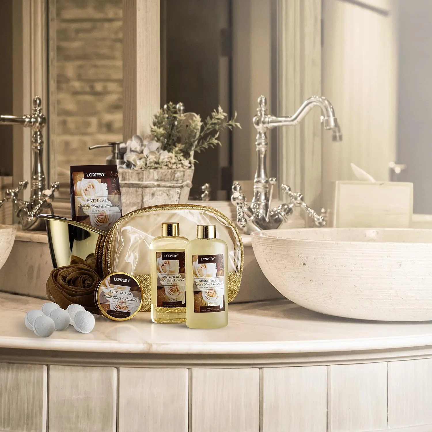 Mothers Day Gifts for Women Home Spa Gift Basket, 13pc Bath & Body Set Men & Women, White Rose & Jasmine Scent - Shower Gel, Bubble Bath, Body Scrub, Salts, 6 Bath Bombs, Pouf, Cosmetic Bag & Gold Tub