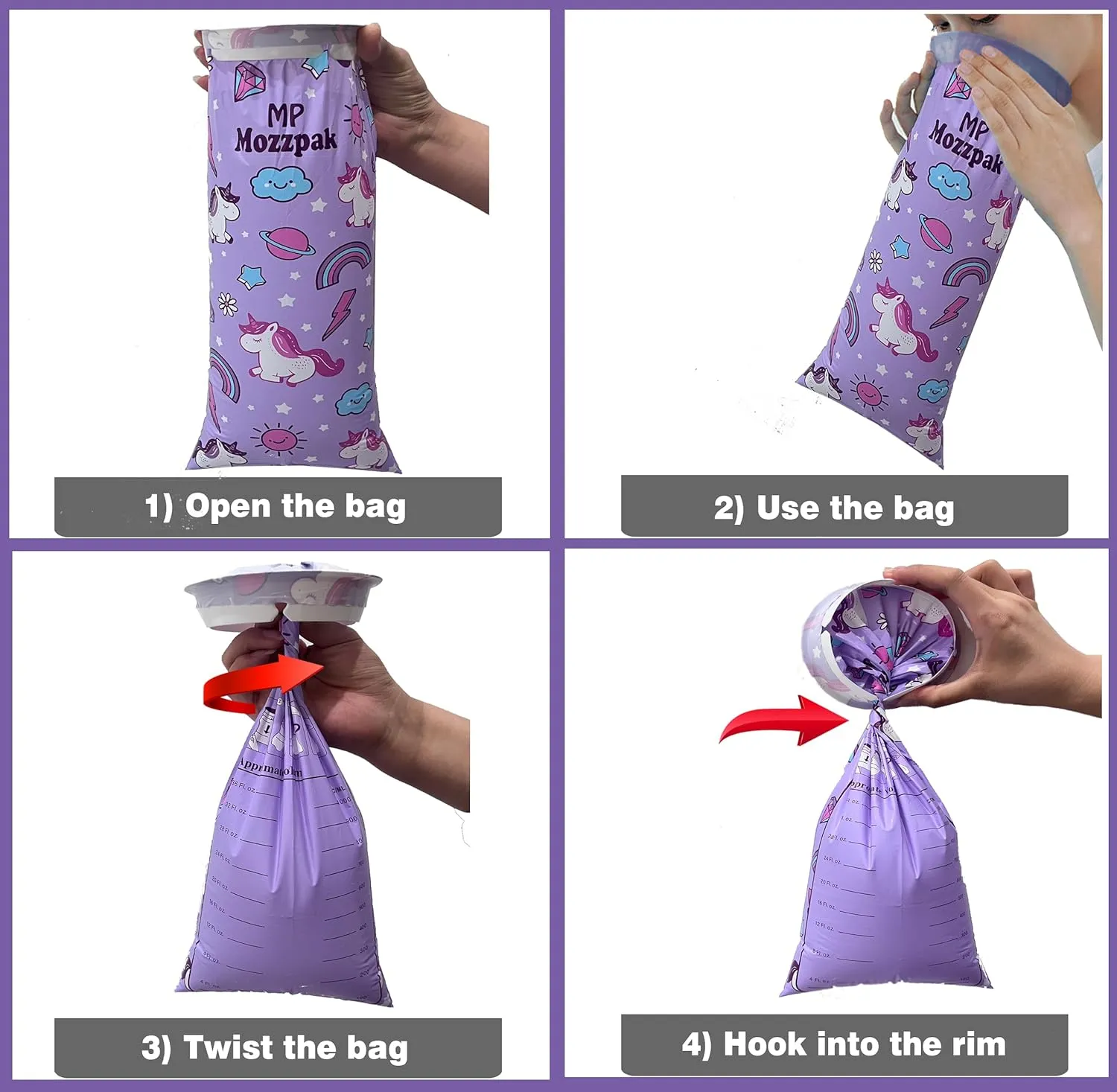 MP MOZZPAK Unicorn Kids Vomit Bags Disposable 24 Pack - Emesis Bags, Leak-Proof Barf Bags, Motion Sickness Relief for Children, Travel Friendly Puke Bags, Throw up Bags for Car, Plane, & Road Trips