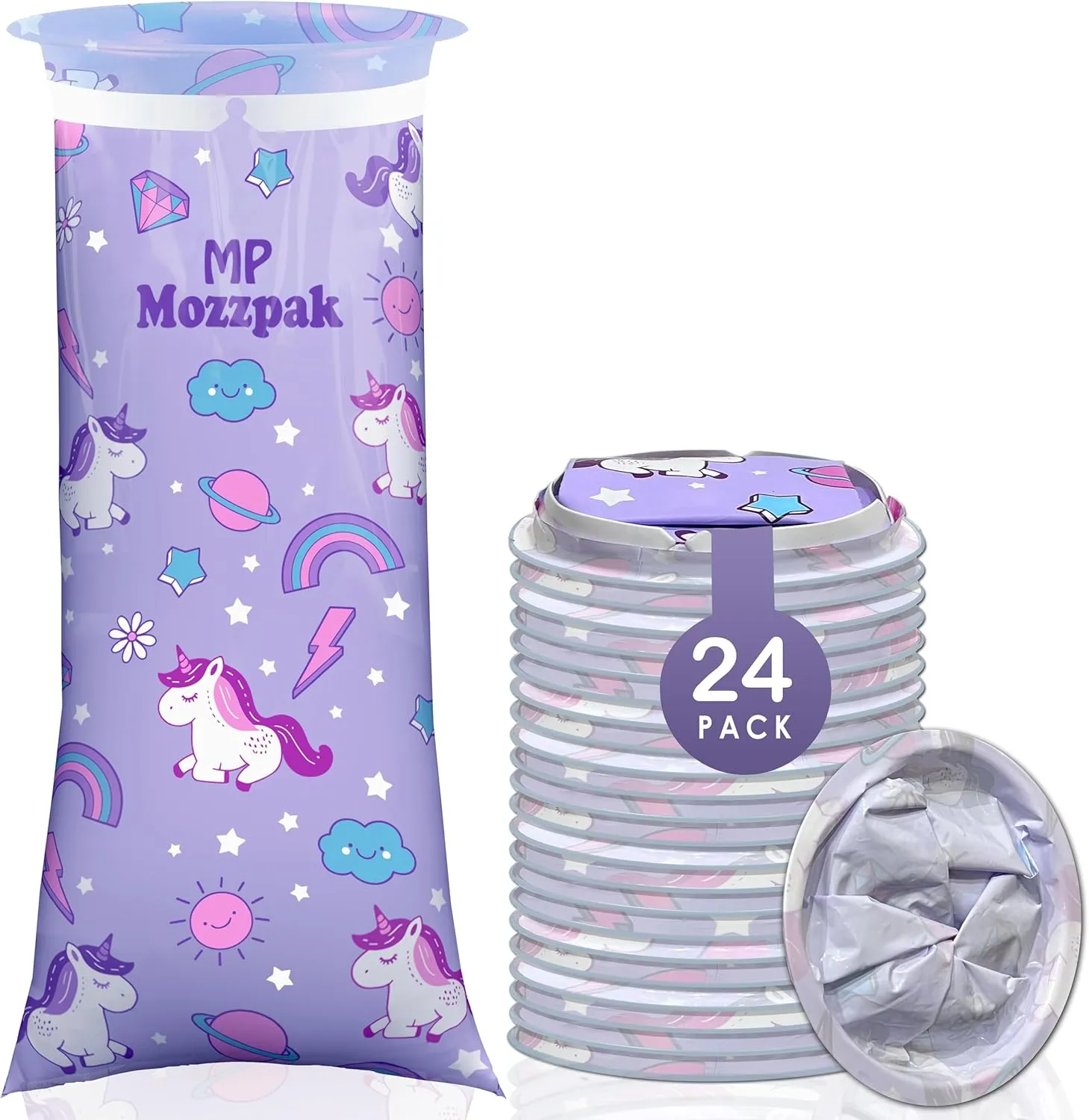 MP MOZZPAK Unicorn Kids Vomit Bags Disposable 24 Pack - Emesis Bags, Leak-Proof Barf Bags, Motion Sickness Relief for Children, Travel Friendly Puke Bags, Throw up Bags for Car, Plane, & Road Trips
