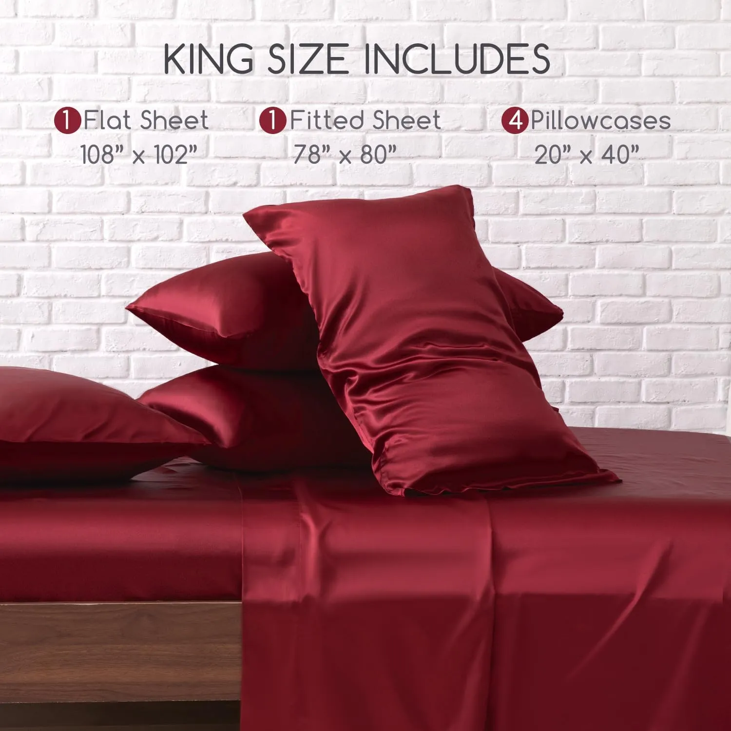 MR&HM Satin Bed Sheets, King Size Sheets Set, 6 Pcs Silky Bedding Set with 15 Inches Deep Pocket for Mattress(King, Burgundy)