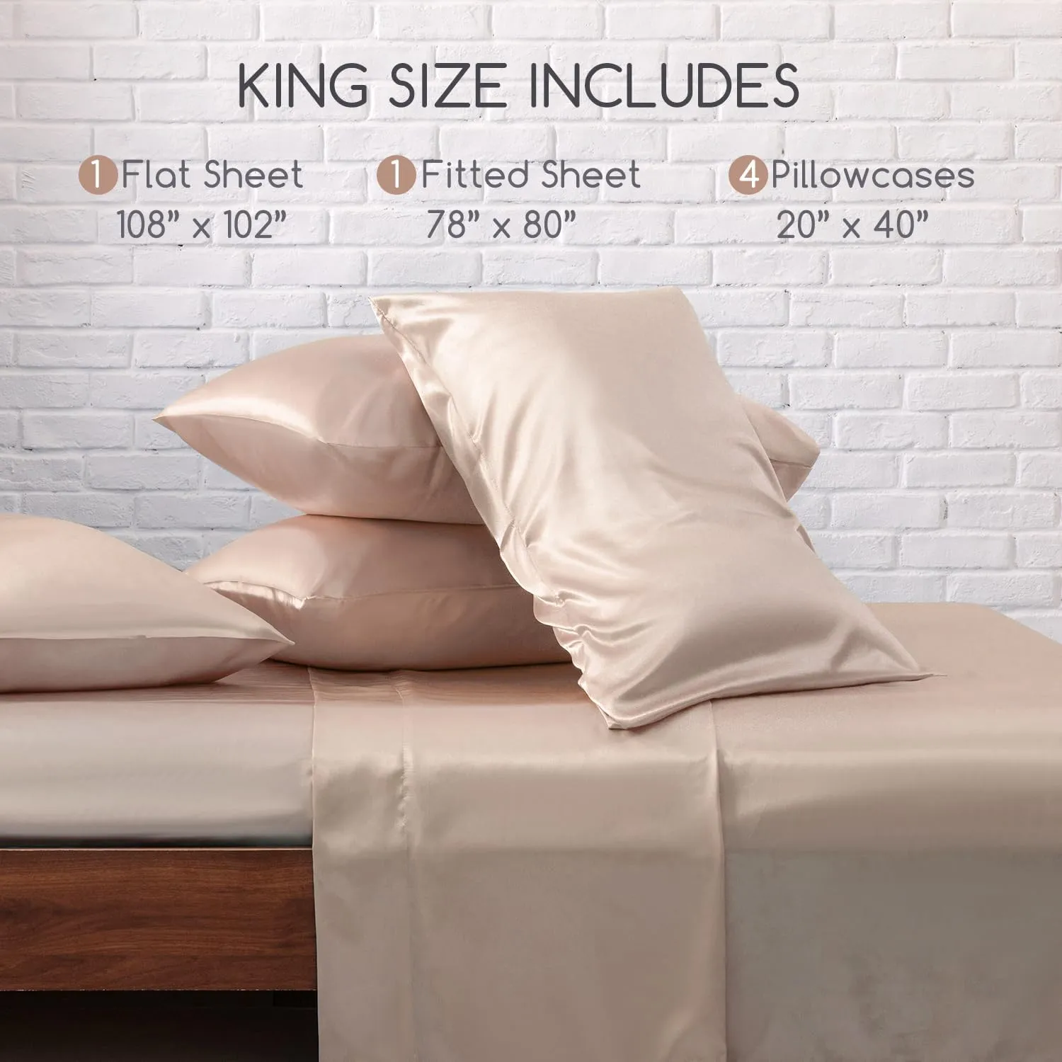MR&HM Satin Bed Sheets, King Size Sheets Set, 6 Pcs Silky Bedding Set with 15 Inches Deep Pocket for Mattress(King, Champagne)