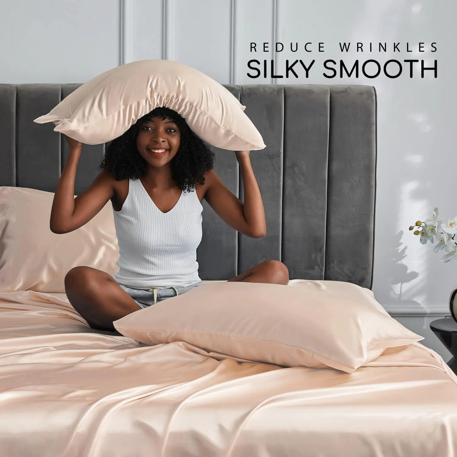 MR&HM Satin Bed Sheets, King Size Sheets Set, 6 Pcs Silky Bedding Set with 15 Inches Deep Pocket for Mattress(King, Champagne)
