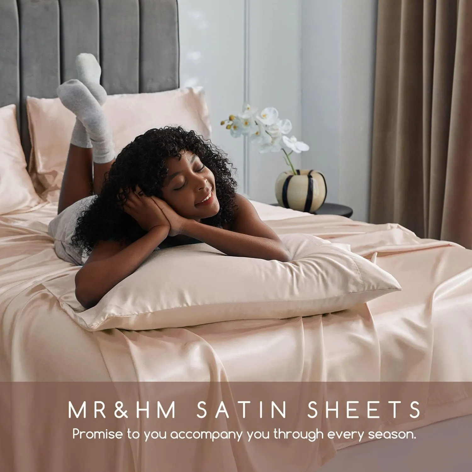 MR&HM Satin Bed Sheets, King Size Sheets Set, 6 Pcs Silky Bedding Set with 15 Inches Deep Pocket for Mattress(King, Champagne)