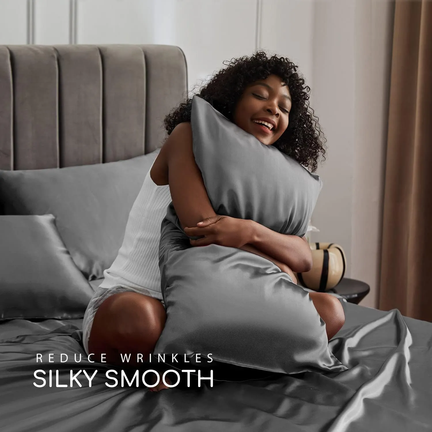 MR&HM Satin Bed Sheets, King Size Sheets Set, 6 Pcs Silky Bedding Set with 15 Inches Deep Pocket for Mattress(King, Dark Grey)