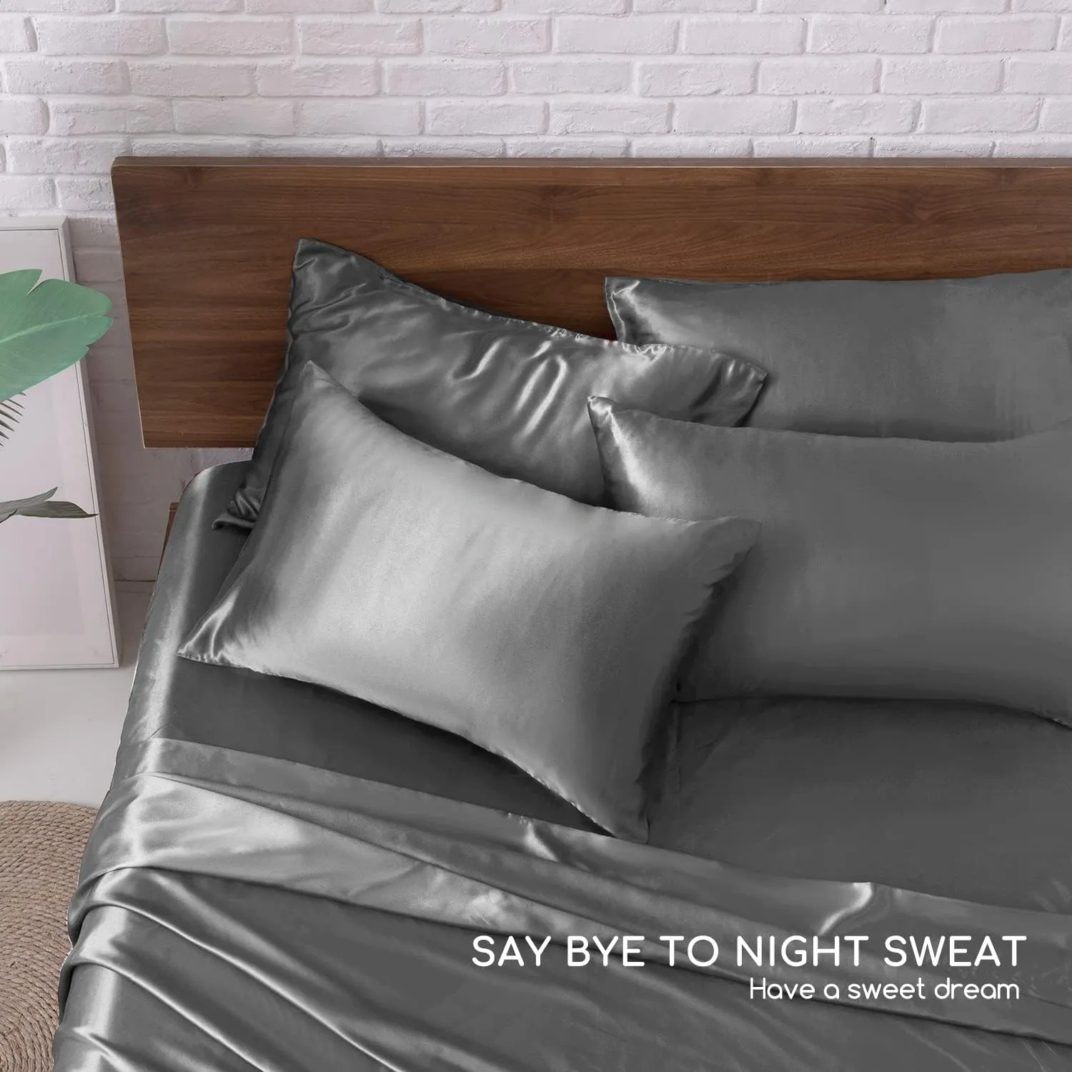 MR&HM Satin Bed Sheets, King Size Sheets Set, 6 Pcs Silky Bedding Set with 15 Inches Deep Pocket for Mattress(King, Dark Grey)