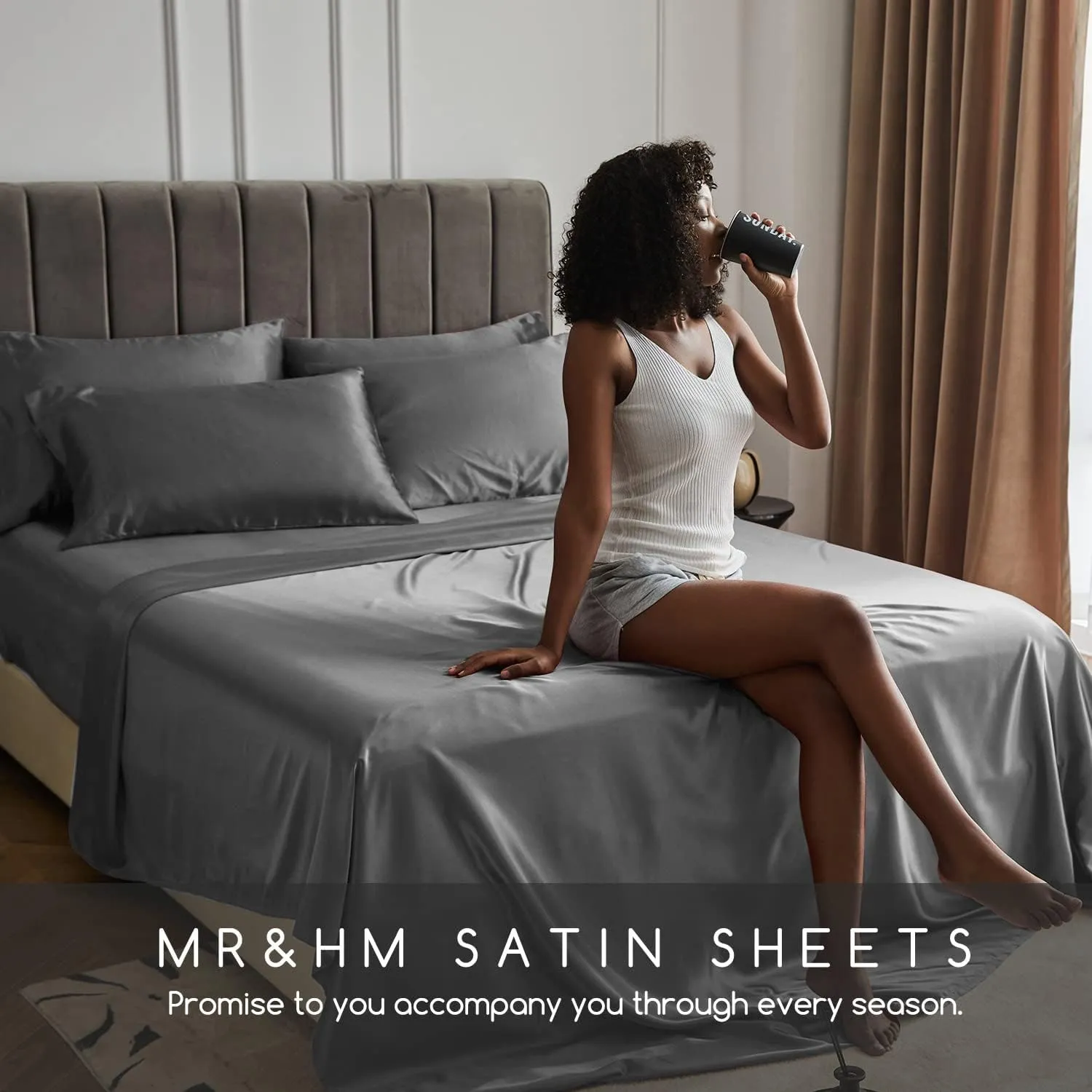 MR&HM Satin Bed Sheets, King Size Sheets Set, 6 Pcs Silky Bedding Set with 15 Inches Deep Pocket for Mattress(King, Dark Grey)