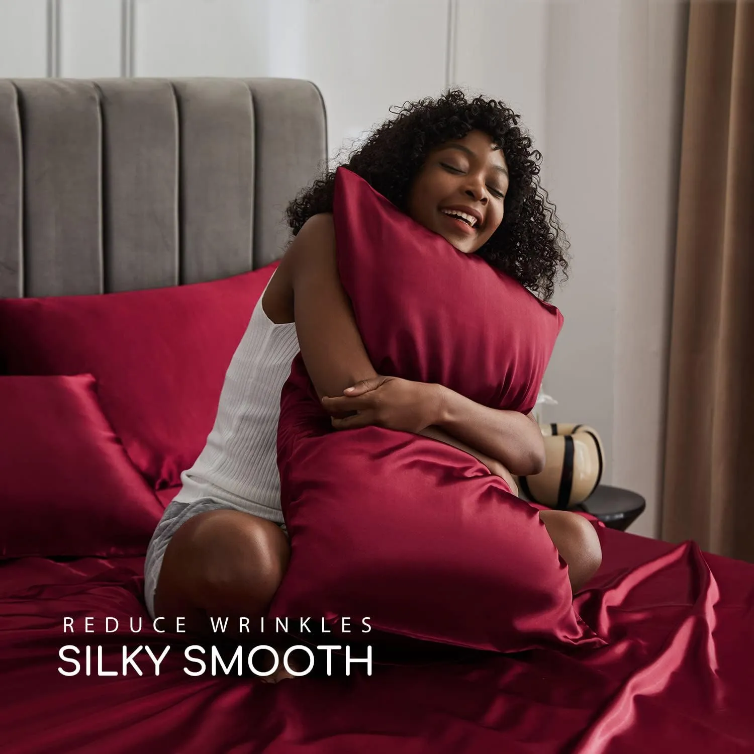 MR&HM Satin Bed Sheets, Queen Size Sheets Set, 4 Pcs Silky Bedding Set with 15 Inches Deep Pocket for Mattress (Queen, Burgundy)