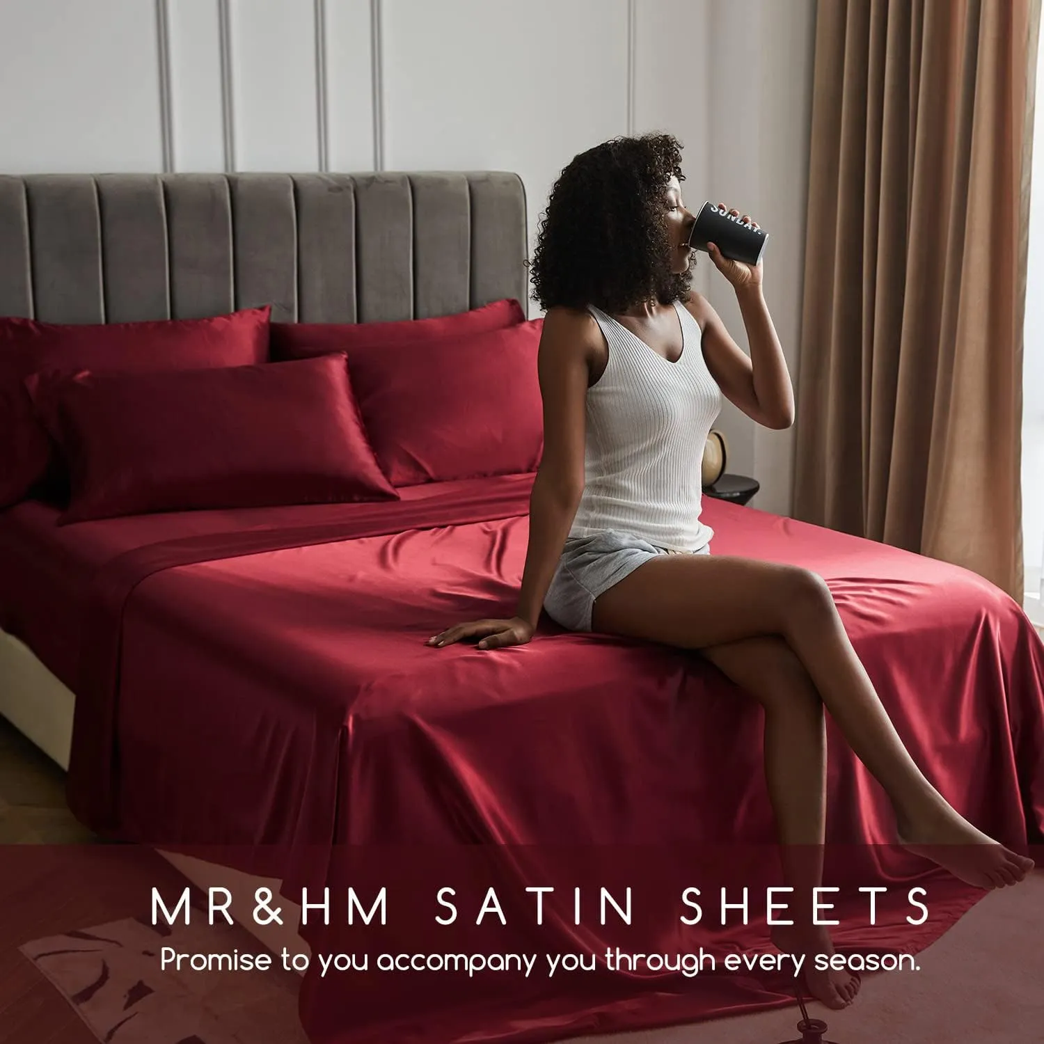 MR&HM Satin Bed Sheets, Queen Size Sheets Set, 4 Pcs Silky Bedding Set with 15 Inches Deep Pocket for Mattress (Queen, Burgundy)