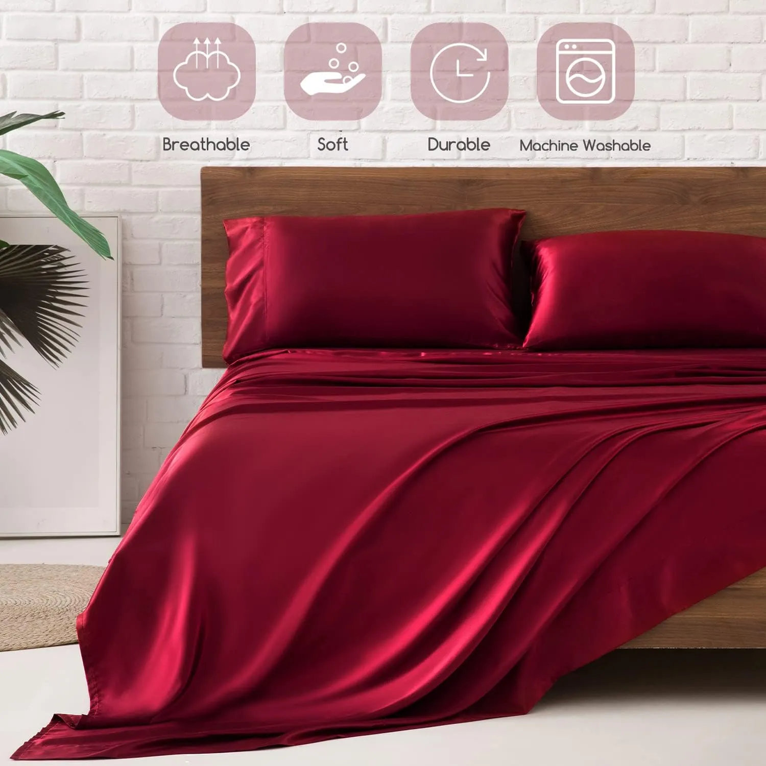 MR&HM Satin Bed Sheets, Queen Size Sheets Set, 4 Pcs Silky Bedding Set with 15 Inches Deep Pocket for Mattress (Queen, Burgundy)