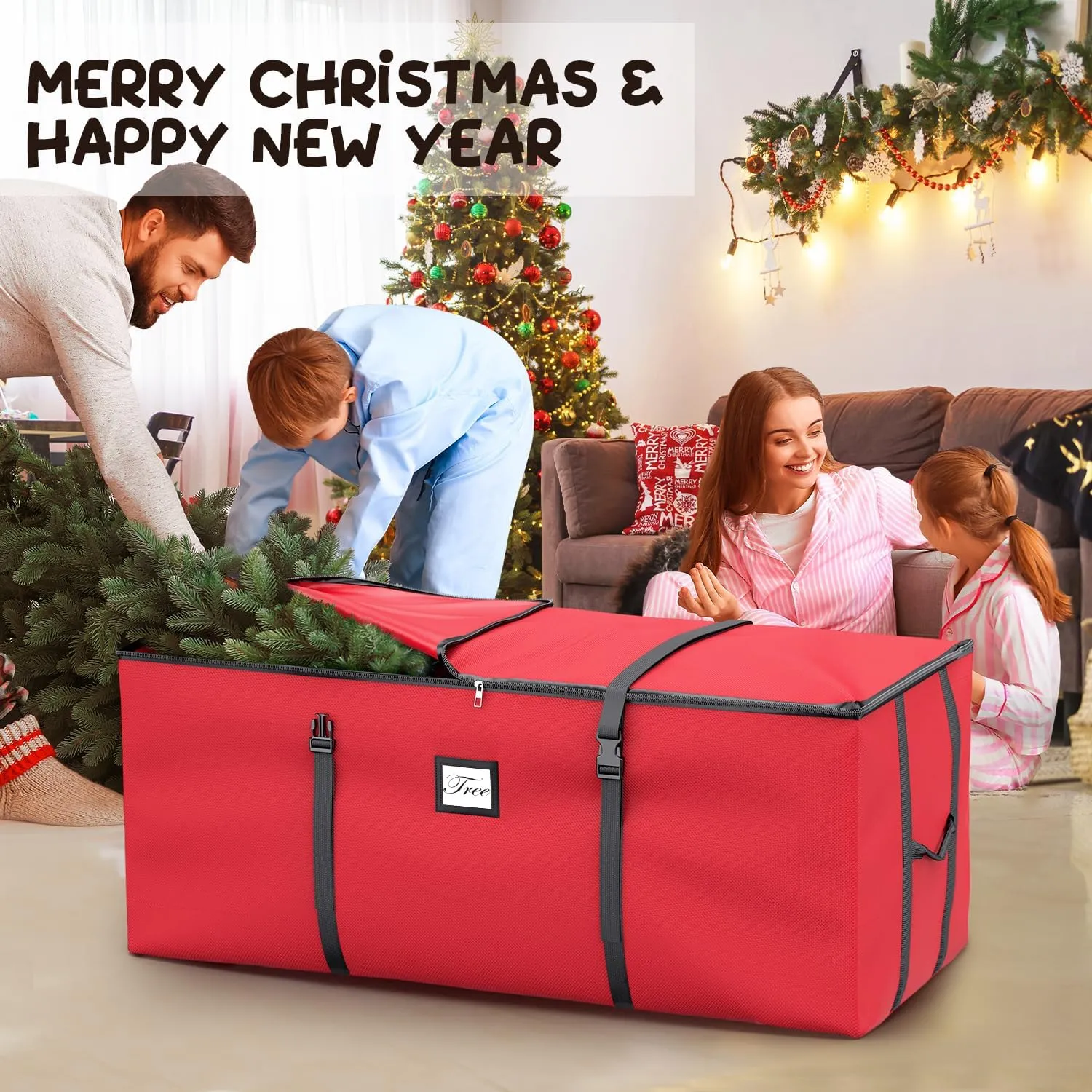 Mrrihand Christmas Tree Storage Bag, Large Artificial Christmas Tree, 9 Ft Anti-Tear Heavy-Duty 600D Oxford Cloth Christmas Tree Storage Box with Handles, Christmas Tree Storage Container (Redt)