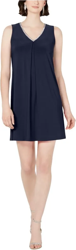 MSK Womens Navy Embellished Sleeveless V Neck Short Shift Dress Petites PL