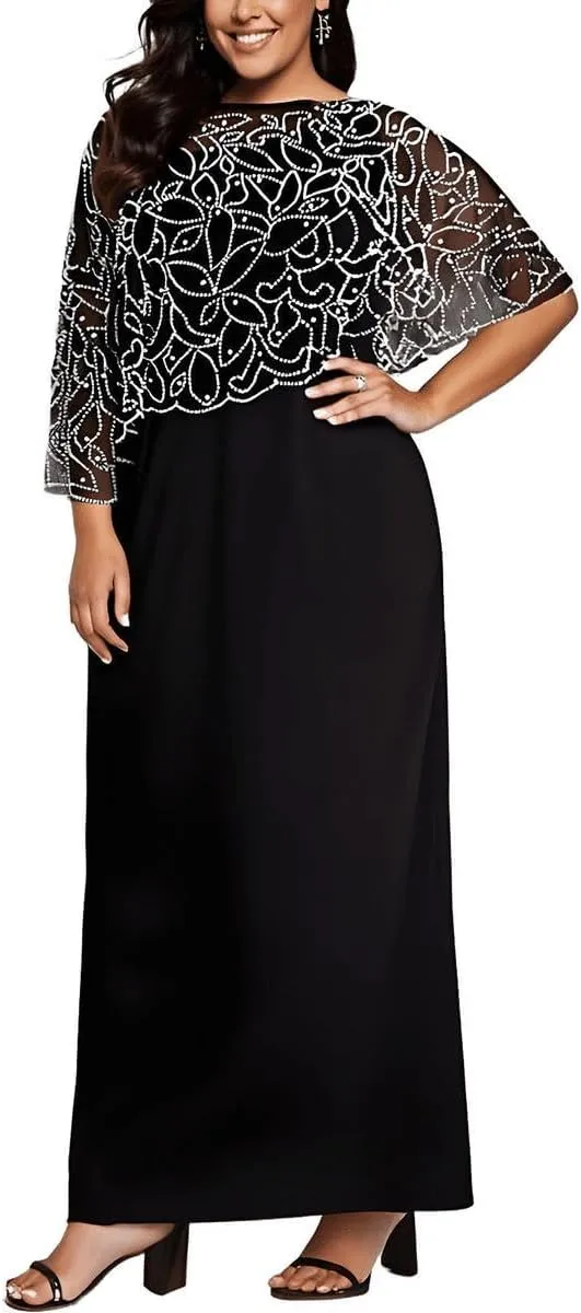 MSK Womens Plus Knit Cape Sleeves Evening Dress