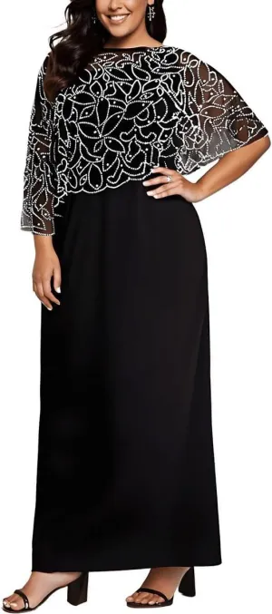 MSK Womens Plus Knit Cape Sleeves Evening Dress