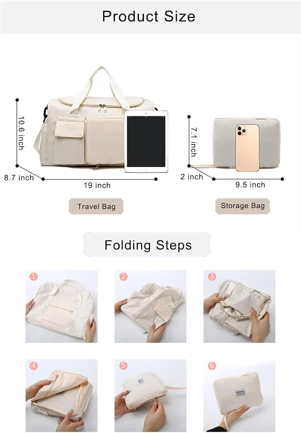 Multipurpose 20L Foldable Duffel Bag Gym Yoga Bag Carry-On Shopping Sack Travel Organizer Cabin Bag Sundry Package Wet&Dry Compartment (Gery)
