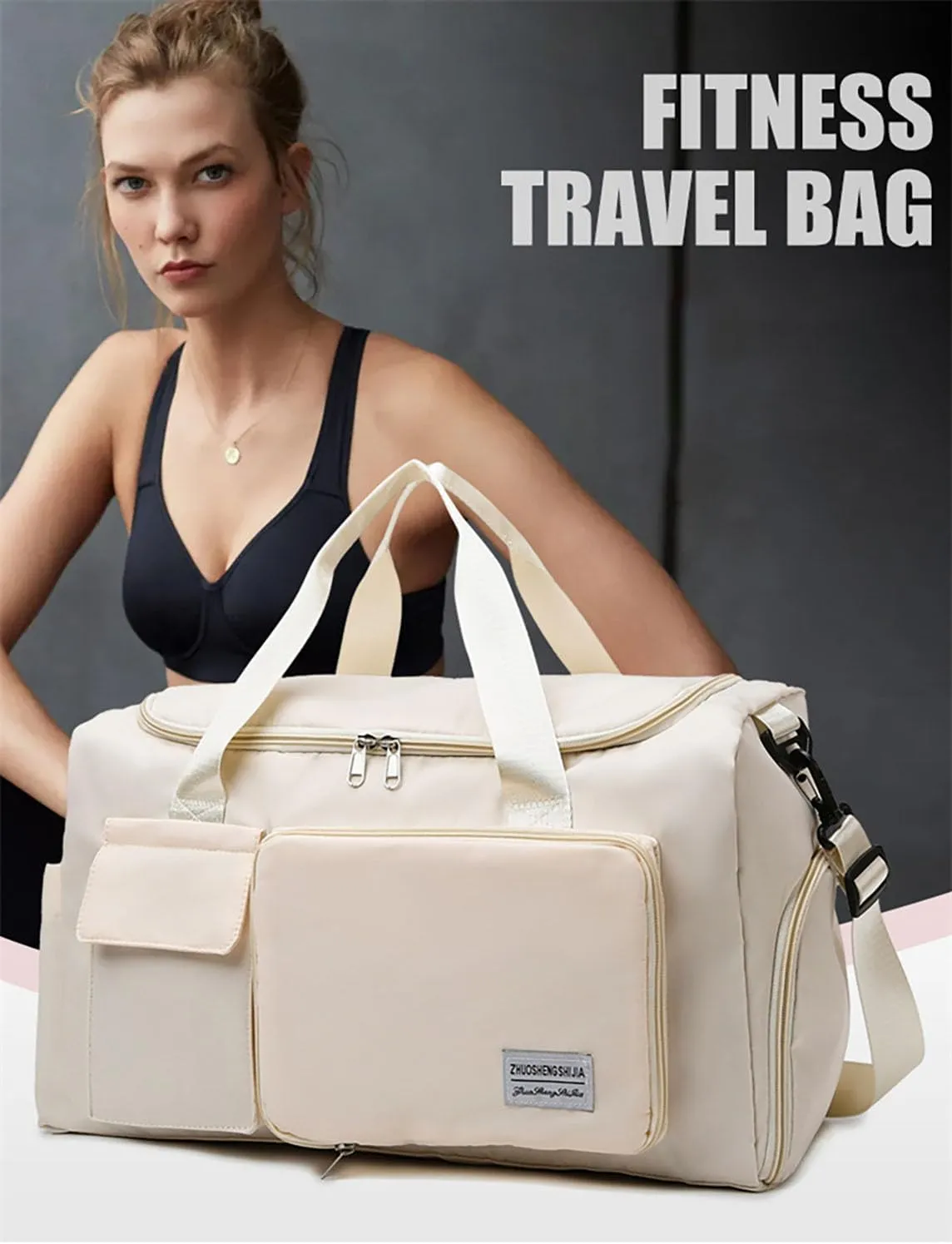 Multipurpose 20L Foldable Duffel Bag Gym Yoga Bag Carry-On Shopping Sack Travel Organizer Cabin Bag Sundry Package Wet&Dry Compartment (Gery)