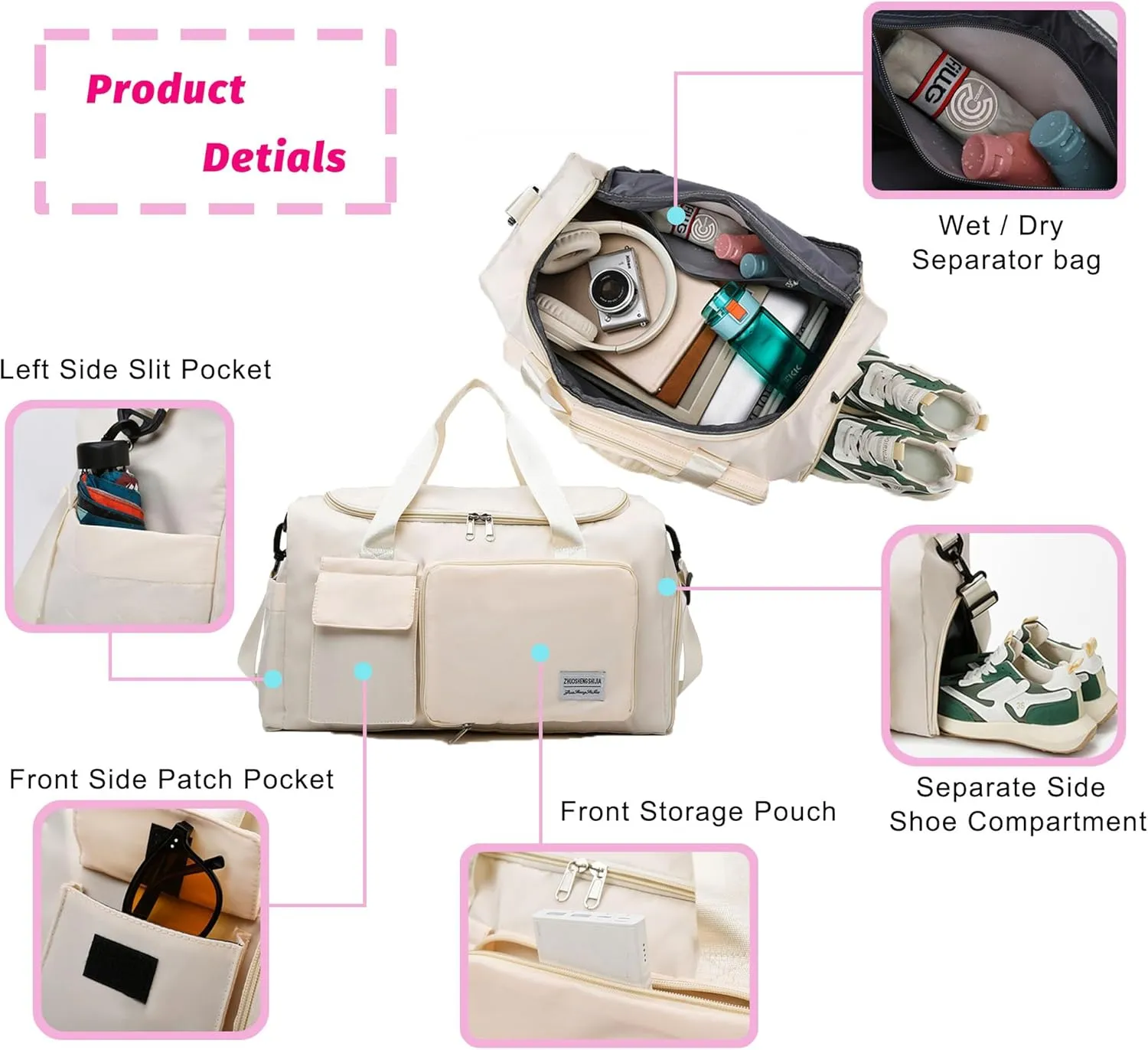 Multipurpose 20L Foldable Duffel Bag Gym Yoga Bag Carry-On Shopping Sack Travel Organizer Cabin Bag Sundry Package Wet&Dry Compartment (Gery)
